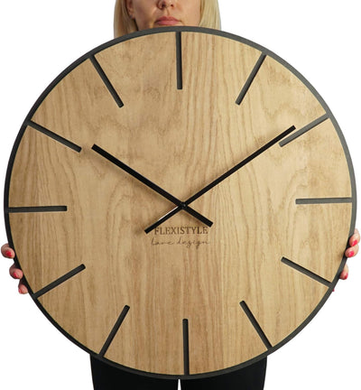 FLEXISTYLE EKO gross wanduhr ohne tickgeräusche Wood Art Schwarz 60cm, Wohnzimmer, Schlafzimmer, in