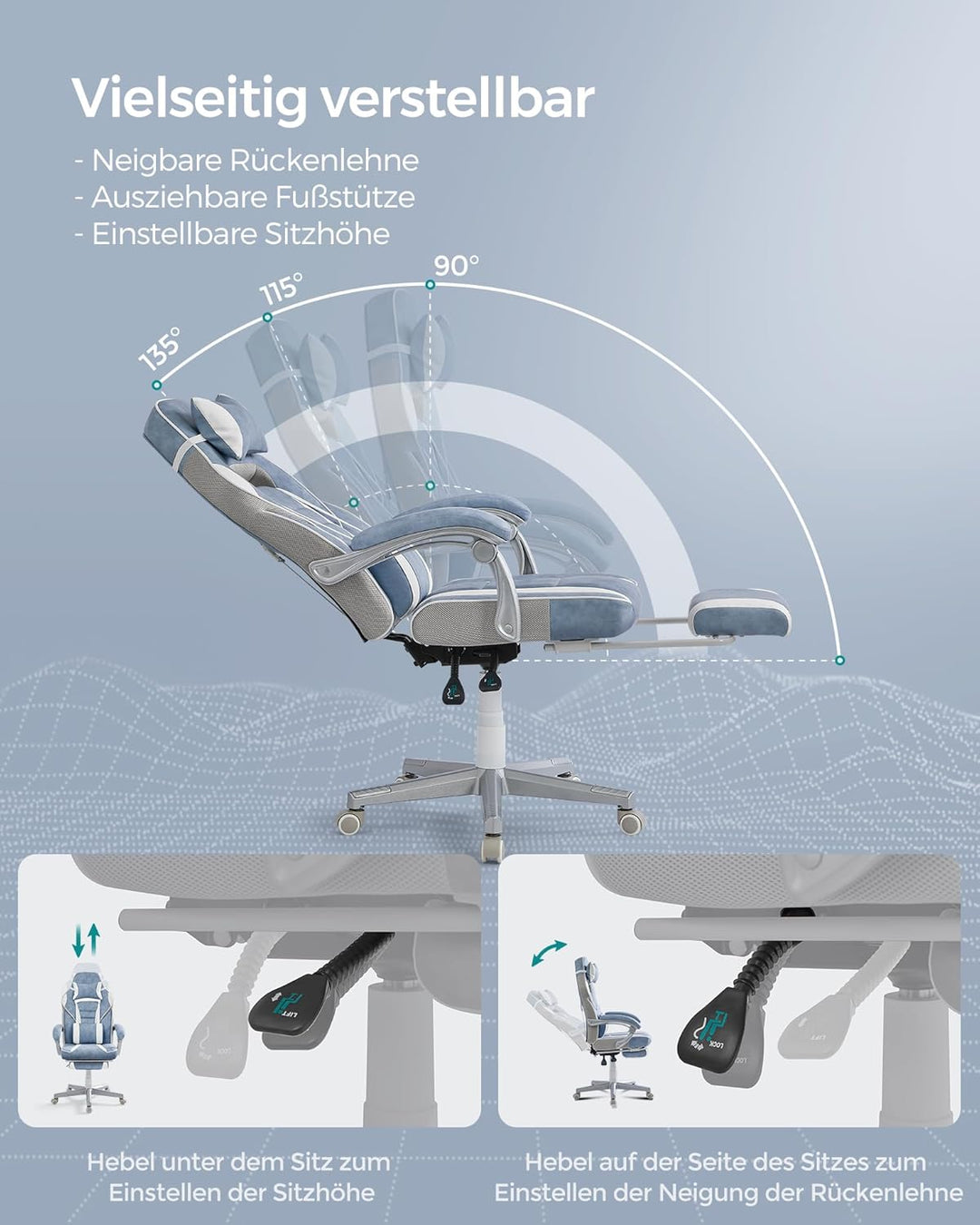 SONGMICS Bürostuhl, Gaming-Stuhl, verstellbar, Teleskop-Fussstütze, Wippmechanismus, Kopfstütze, Len