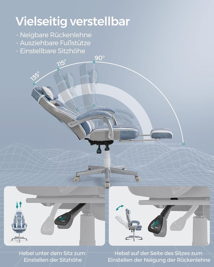 SONGMICS Bürostuhl, Gaming-Stuhl, verstellbar, Teleskop-Fussstütze, Wippmechanismus, Kopfstütze, Len