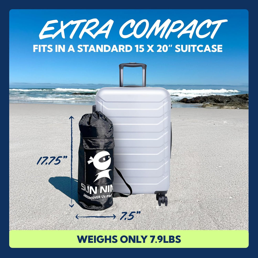 SUN NINJA Strandzelt, Sonnensegel LSF 50+, mit Sandschaufel, Heringen und Stabilitätsstangen, Schatt