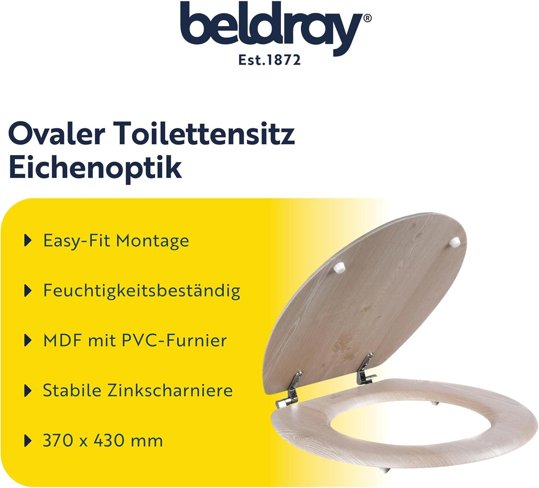 Beldray LA033710WOAK Toilettensitz aus Eiche weiss - 370 x 430 mm, Easy Fit 18 Zoll feuchtigkeitsbes