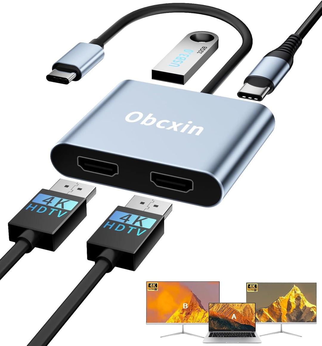 USB C auf Dual HDMI Adapter, 4 in 1 Typ C to HDMI Splitter for Dual Monitors mit 2 * 4K+USB 3.0+PD 1