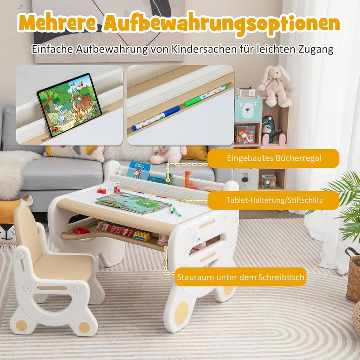 FANTASK Kinder Sitzgruppe mit höhen- und neigungsverstellbarer Tischplatte, Tisch mit Hocker, zum Ze