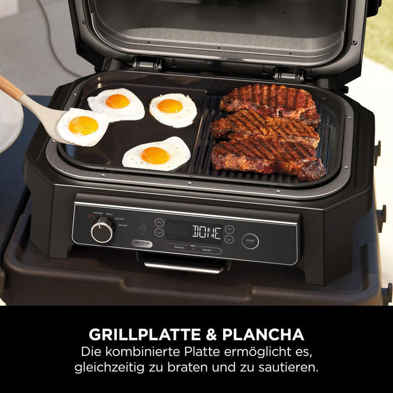 Ninja Woodfire XL flache Grillplatte, antihaftbeschichtete Kombination aus Flach- und Grillplatte, k