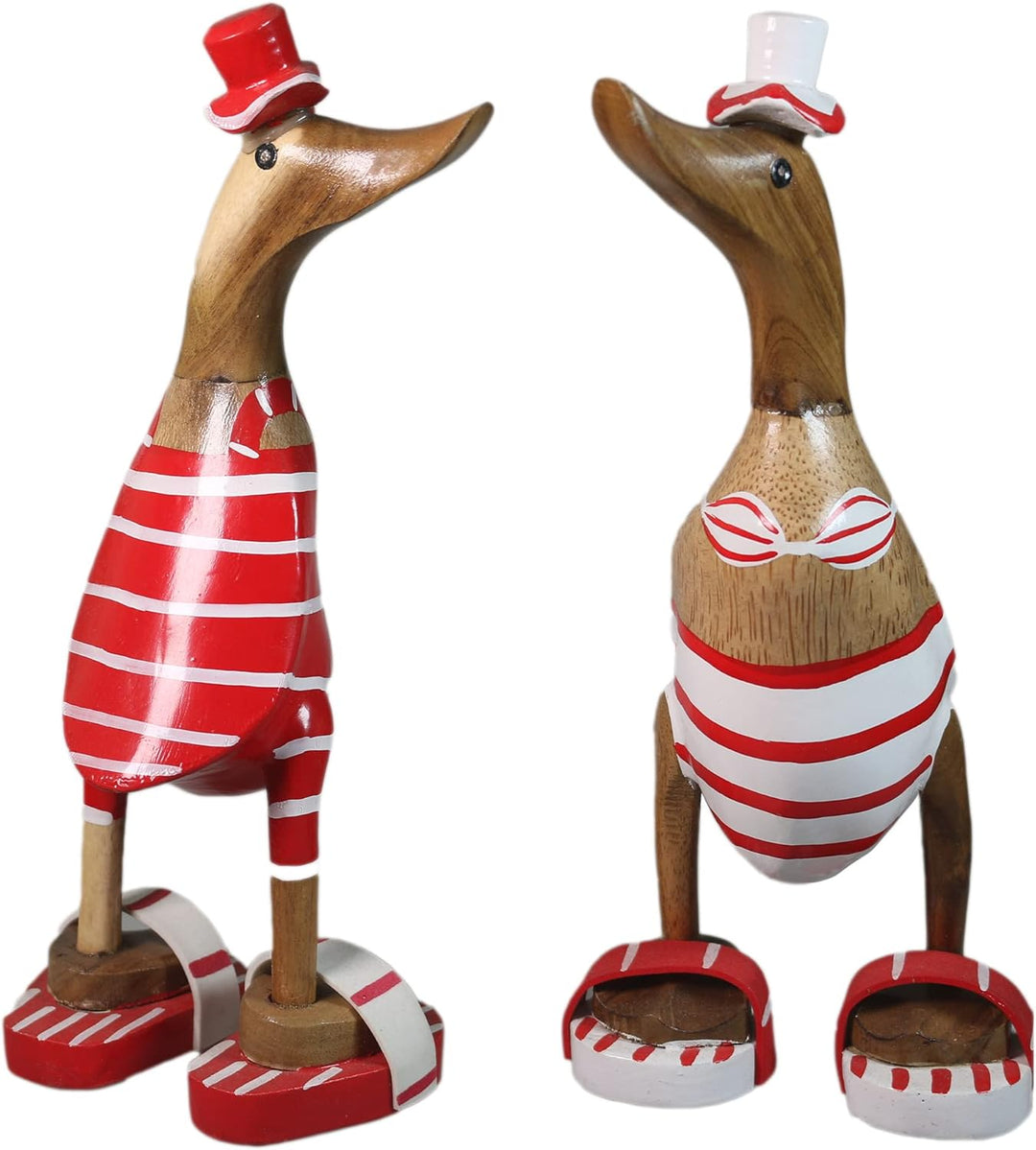 ART-CRAFT 2X Holz Ente Lauf Ente Gartendeko Figur aus Bambus Wurzel und Teak Holz rot Bikini Paar ha
