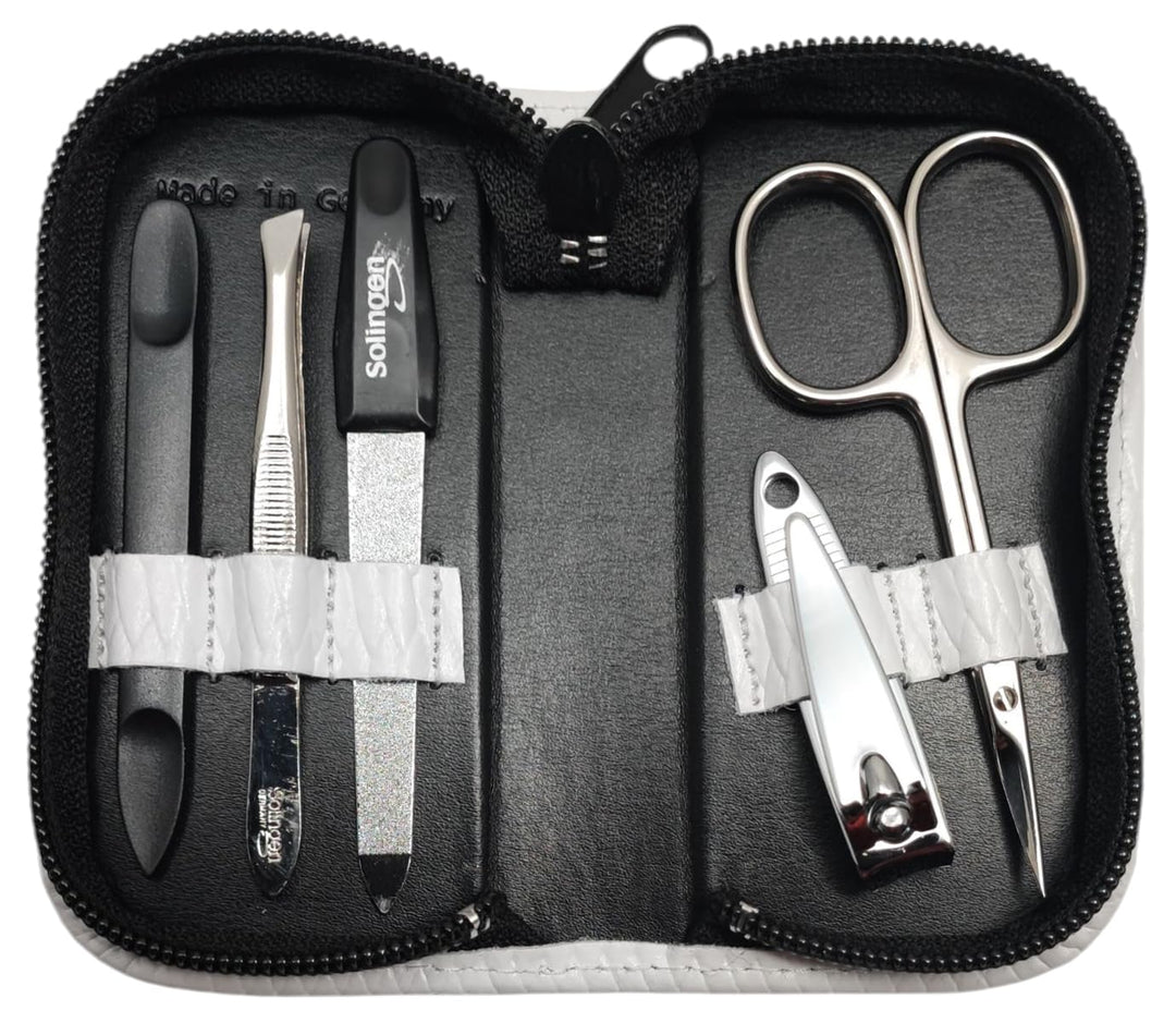 5-tlg Maniküre-Set aus Echtleder – Made in Germany | Solingen Instrumente im Etui Weiss, Weiss