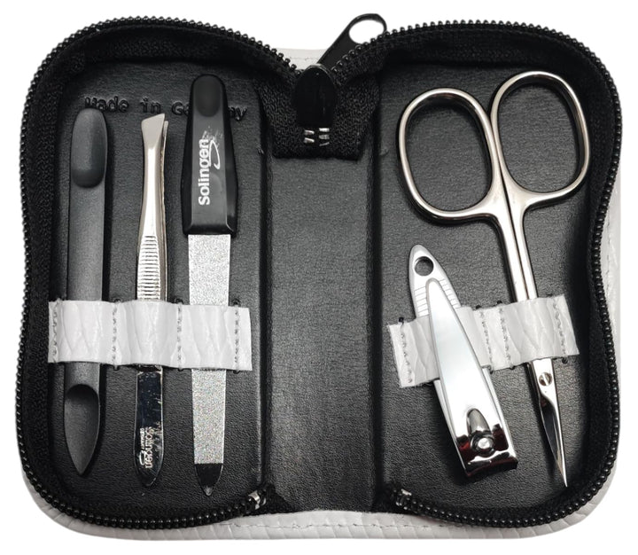 5-tlg Maniküre-Set aus Echtleder – Made in Germany | Solingen Instrumente im Etui Weiss, Weiss