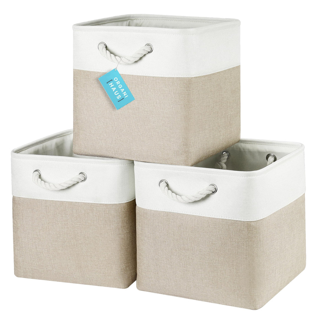 OrganiHaus Aufbewahrungsbox 30x30cm 3er-Set, Würfelkörbe aus Stoff mit Seilgriffen, Faltbare Aufbewa
