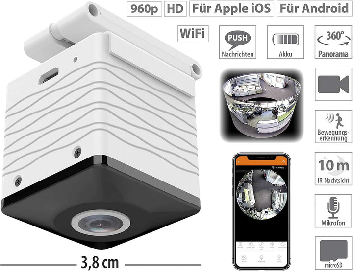 7links 360 Grad Kamera: Mini-Akku-HD-Überwachungskamera mit 360°, 960p, Nachtsicht, WLAN, App (Decke