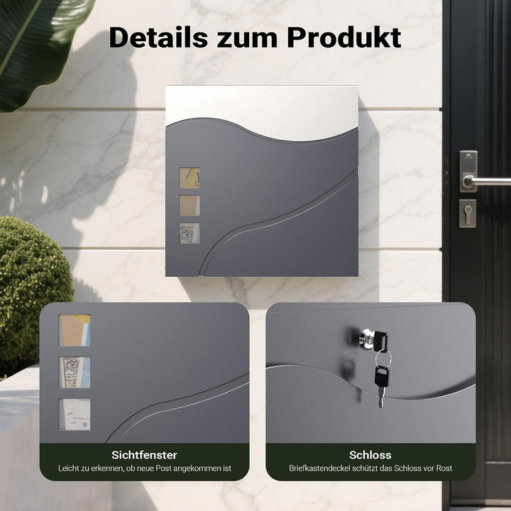Wiltec Designer Briefkasten V28 Anthrazit und Edelstahl 370 x 102 x 370 mm, Wandbriefkasten mit Schl