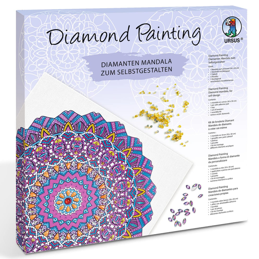 Ursus 43520008F - Diamond Painting Mandala Set 8, Bastelset mit Steinchen in Lila-, Pink- und Blautö
