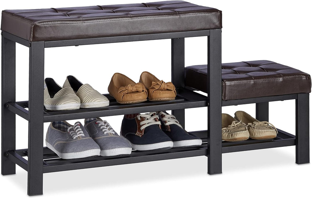 Relaxdays, braun Schuhbank mit Hocker, gemütliche Sitzpolster, Schuhablage 2 Ebenen, Kinder, HBT: 50