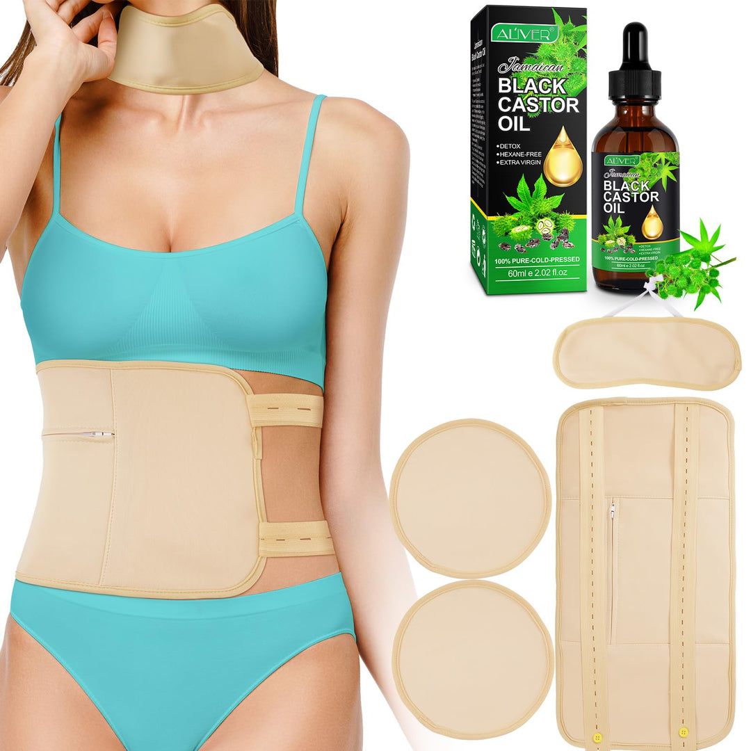 Castor Oil Pack, Wiederverwendbare Bio Rizinusöl Wrap, Kit mit verstellbaren elastischen Riemen Komf