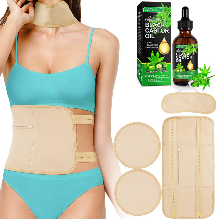 Castor Oil Pack, Wiederverwendbare Bio Rizinusöl Wrap, Kit mit verstellbaren elastischen Riemen Komf