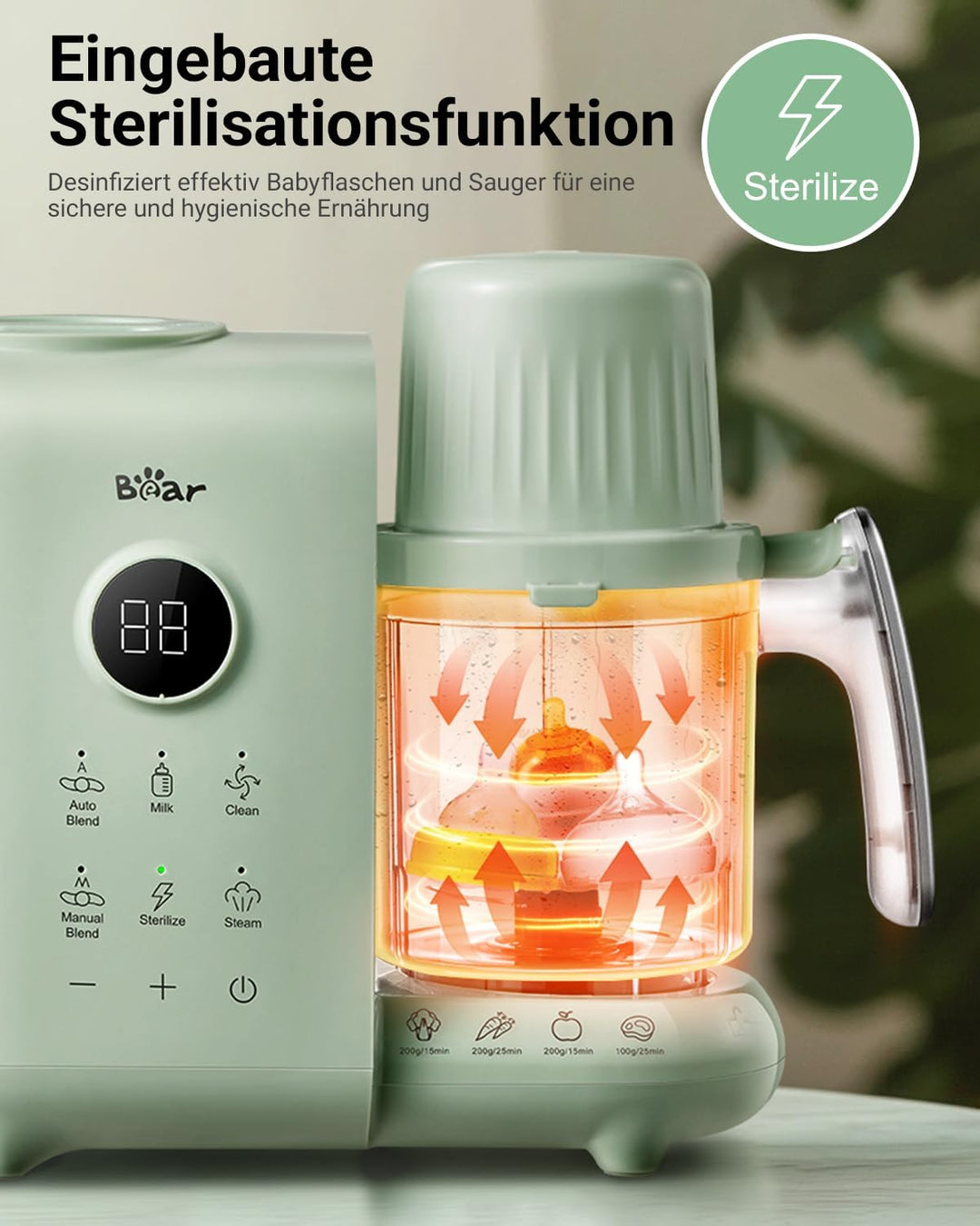 Bear 6-in-1 Dampfgarer mit Mixer Premium Babynahrungszubereiter,Dämpfen, automatisches Rühren, Milch