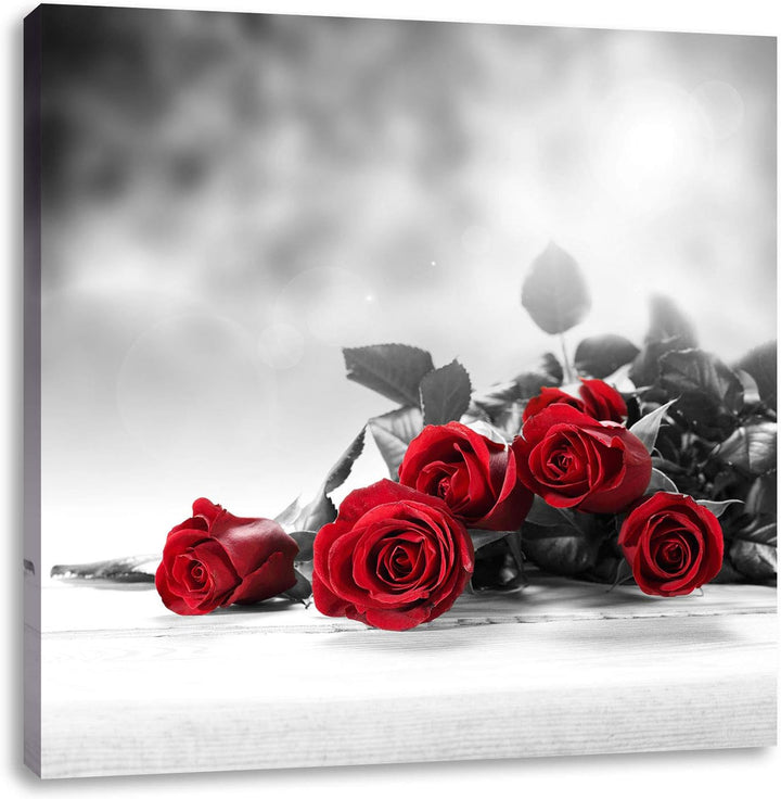 Pixxprint schöner Rosenstrauss auf Tisch als Leinwandbild | Grösse: 70x70 cm | Wandbild| Kunstdruck