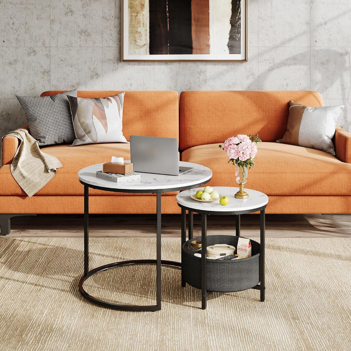 WLIVE Runder Couchtisch Weiss, Wohnzimmer Tisch für Couch mit Stauraum, Beistelltisch mit Metallrahm