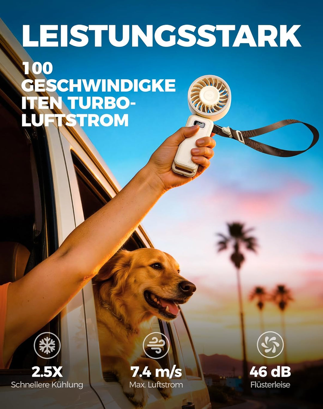 Diveblues Handventilator Tragbarer Turbo-Ventilator mit 100 Stufen und 7.4m/s Starkem Luftstrom, 180