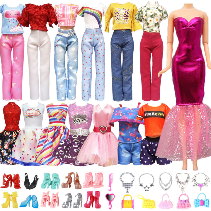 28 Stück Kleidung und Zubehör Kompatibel mit Barbie Puppen, 3 Fashion Kleider 3 Freizeitbekleidung K