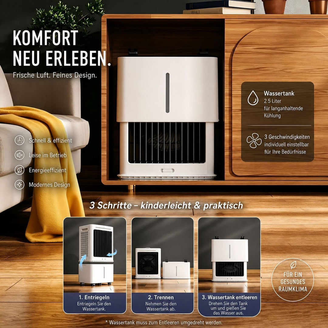 Klimaanlage Mobil 25L ohne Abluftschlauch | 6,8 m Reichweite des Luftstroms