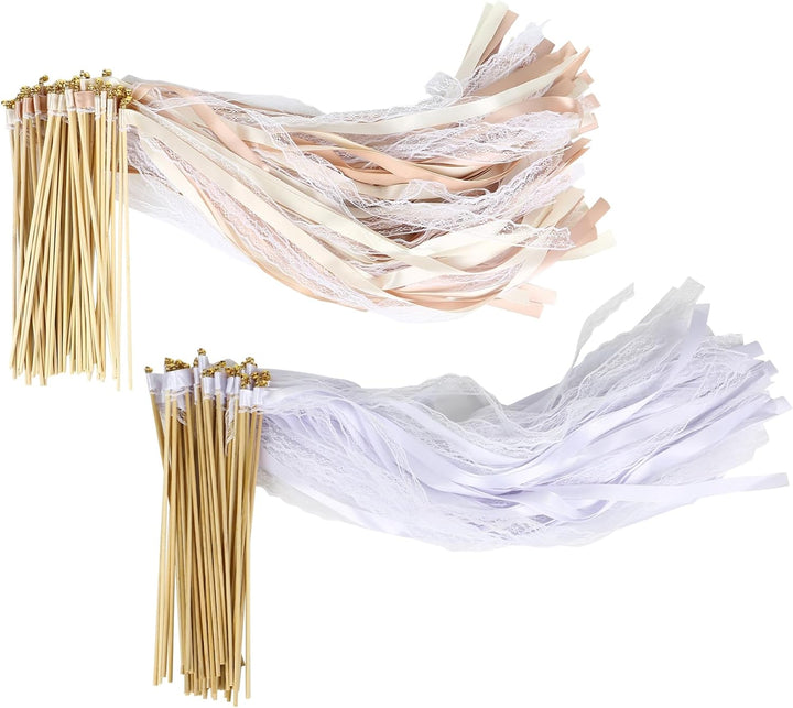 100 Stück Wedding Wands Spitze Stäbe mit Hochzeitsbändern Seidenfeenstab, Gastgeschenke für Partys,