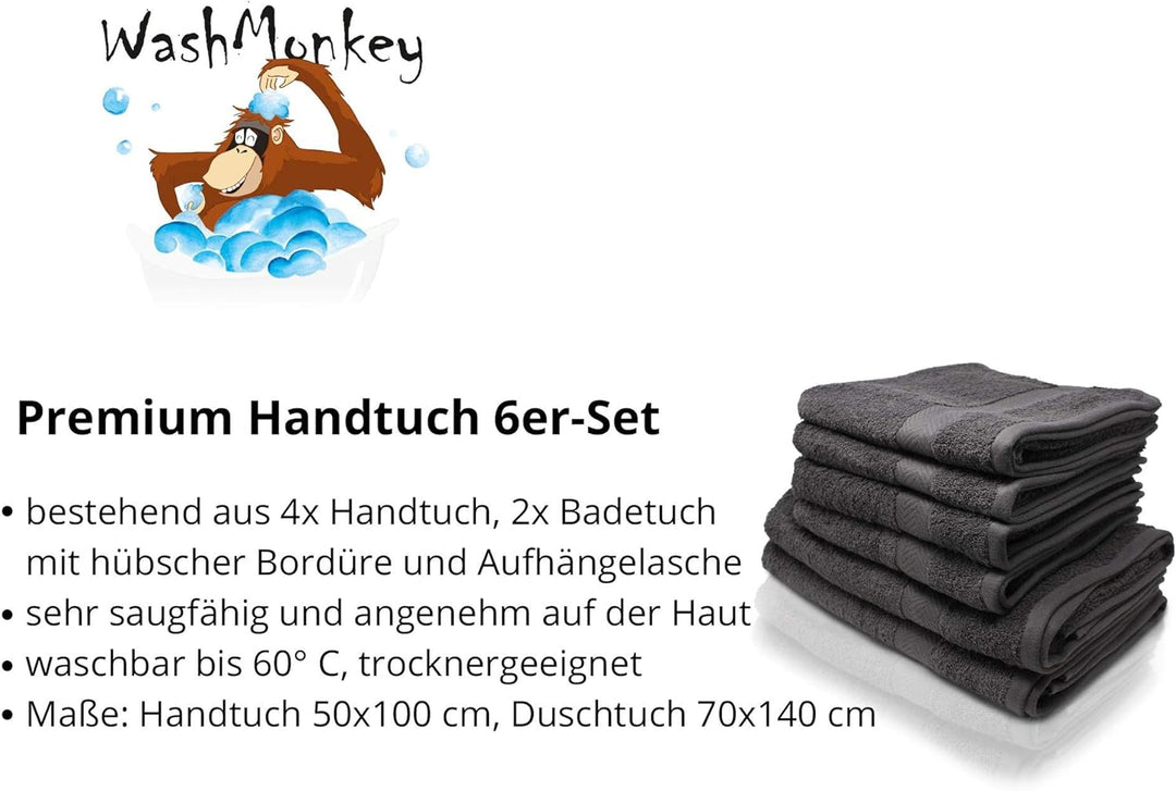 Wash Monkey Handtuch-Set 6-teilig, T24430, Anthrazit, Standard, Anthrazit