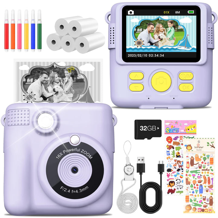 MILFECH Kinderkamera Sofortbildkamera, 1080P 2,4 Zoll Bildschirm DigitalKamera Kinder mit 5 Rollen D