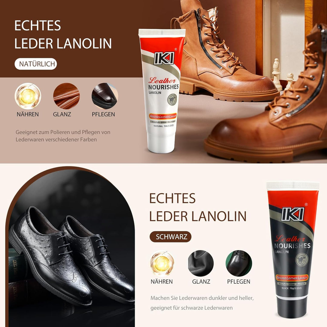 IKI Premium Lederschuhpflegeset - farbloses & schwarzes Lanolin, Schuhwachs, 2 Rosshaarbürsten, Flan