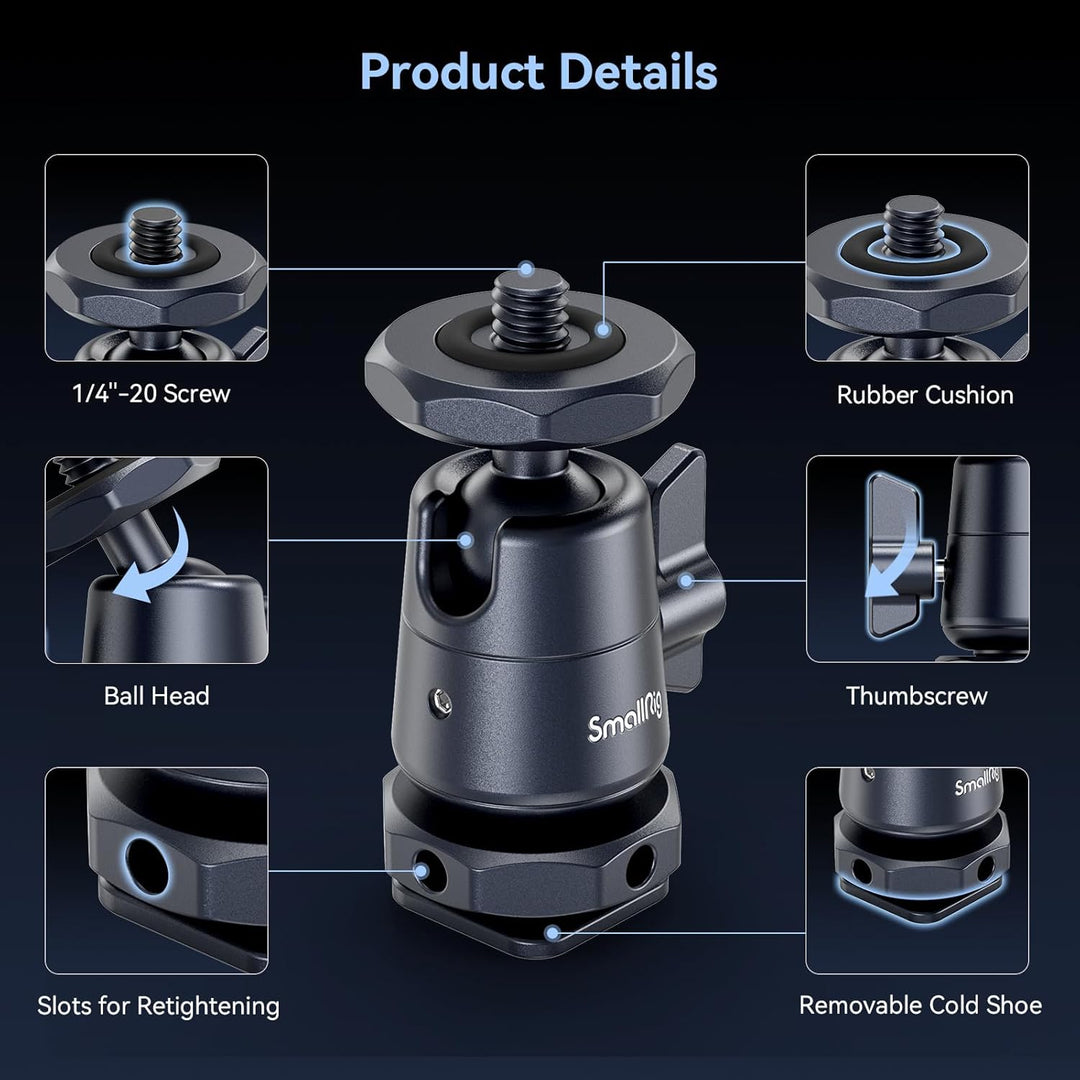 SMALLRIG Mini Ball Head (2er-Pack) mit 1/4"-Schraube und Abnehmbarer Schuhhalterung, 360 Grad drehba