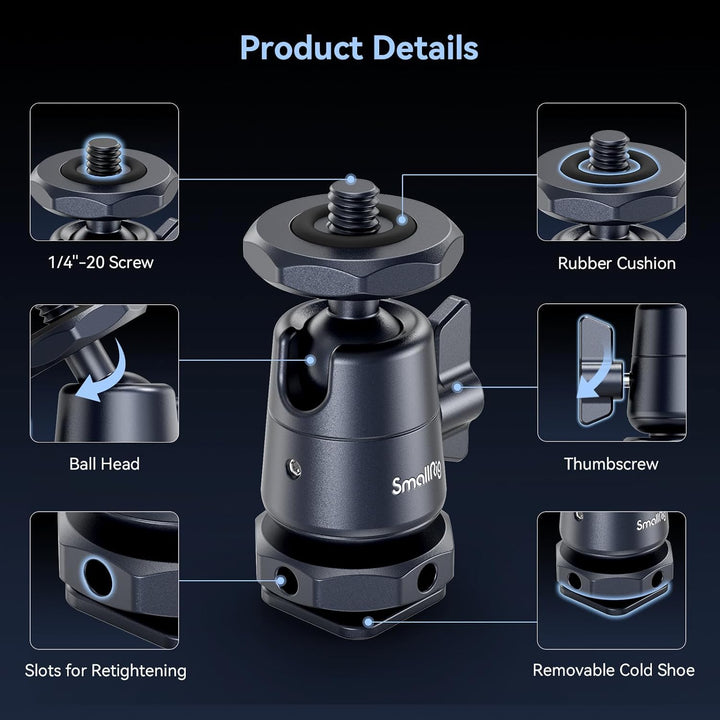 SMALLRIG Mini Ball Head (2er-Pack) mit 1/4"-Schraube und Abnehmbarer Schuhhalterung, 360 Grad drehba