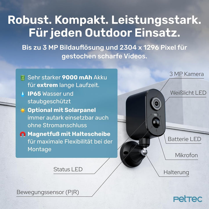 PetTec - Solar Panel mit Überwachungskamera aussen Pet Cam Free 4G/LTE - Solarmodul 4,4W in Schwarz