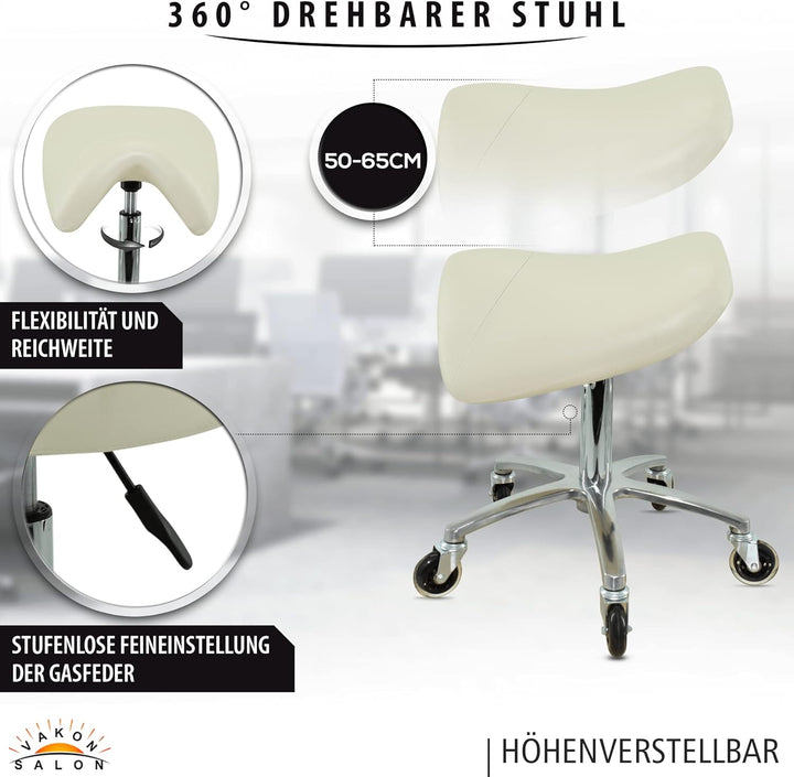 Premium Sattelhocker Weiss, Sattelstuhl für Rückenentlastung, Rollhocker höhenverstellbar von 50-65