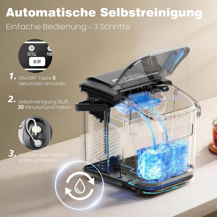 Eiswürfelmaschine – 8 Eiswürfel in 6 Minuten (12 kg/24 h), Selbstreinigend &amp; Leise, 2 Eiswürfelgröss