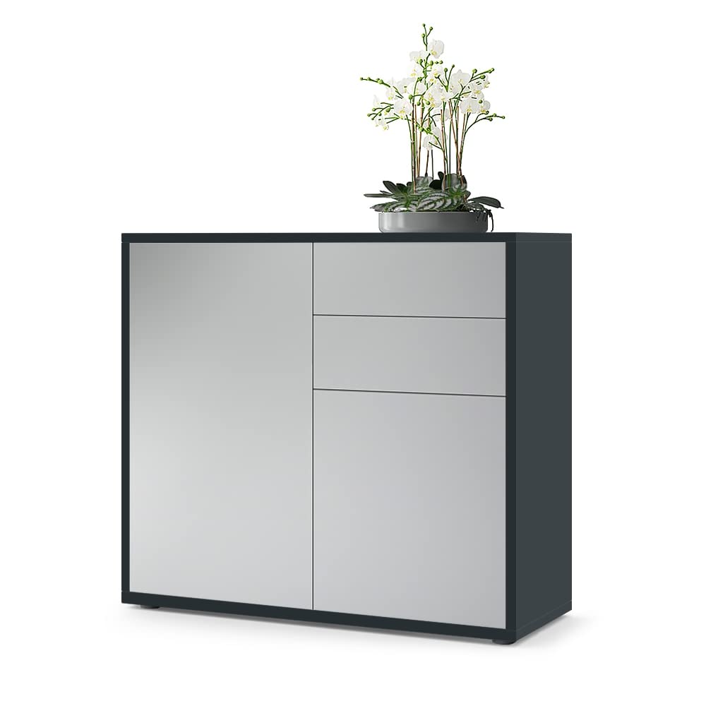 Vladon Sideboard Ben, Kommode mit 2 Türen und 2 Schubladen, Schwarz matt/Hellgrau Seidenmatt (79 x 7