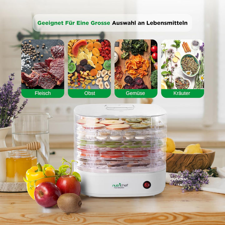 Nutrichef Dörrautomat 5 Einschübe – Weiss BPA-freies Dörrgerät für Fleisch, Obst, Pilze & Gemüse, 82