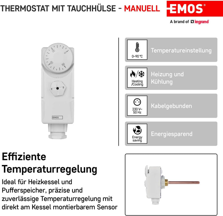 EMOS - mechanischer Thermostat mit Tauchhülse - manuell, kabelgebunden - Heiz- und Kühlsysteme - Tem