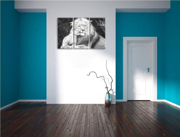 schöner Löwe mit Jungtier schwarz/weiss Deluxe 3-Teiler Leinwandbild 120x80 Bild auf Leinwand, XXL r