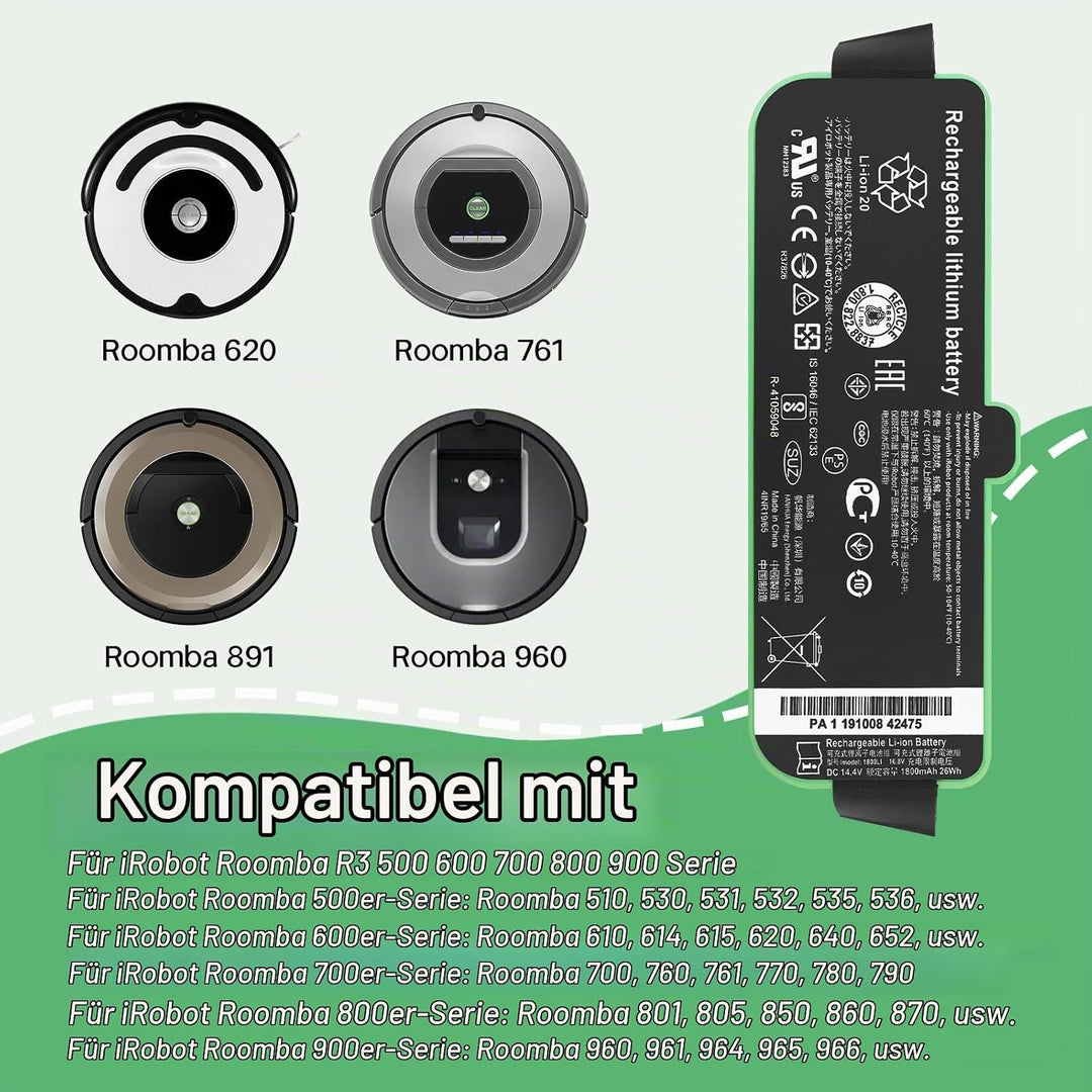 26Wh 1800LI Akku für iRobot Roomba 500 580 595 600 670 680 700 800 900 610 671 675 677 685 690 691 6