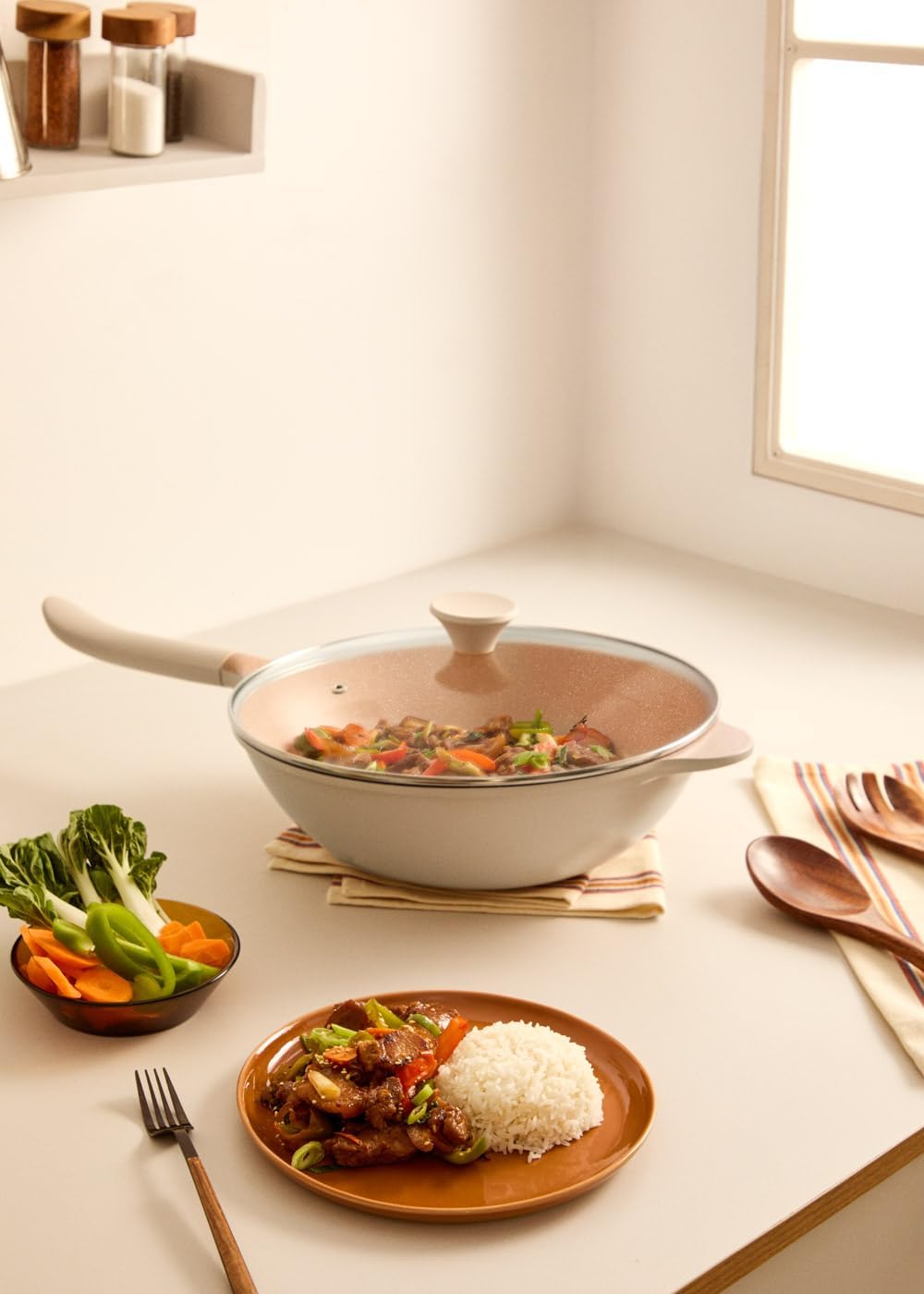 CREATE / WOK STUDIO/Wok aus Aluminiumguss mit Keramikbeschichtung Sand/Für alle Herdarten geeignet,