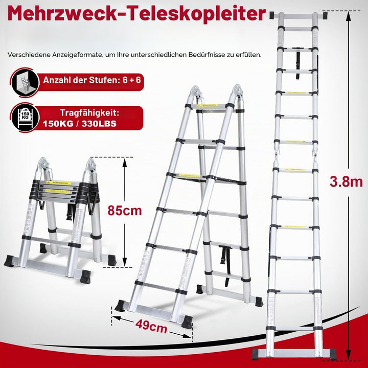 3,8M (1.9+1.9) Teleskopleiter Klappleiter Aluminium Max Belastung 150 KG/330 Pfund, Ausziehleiter Te