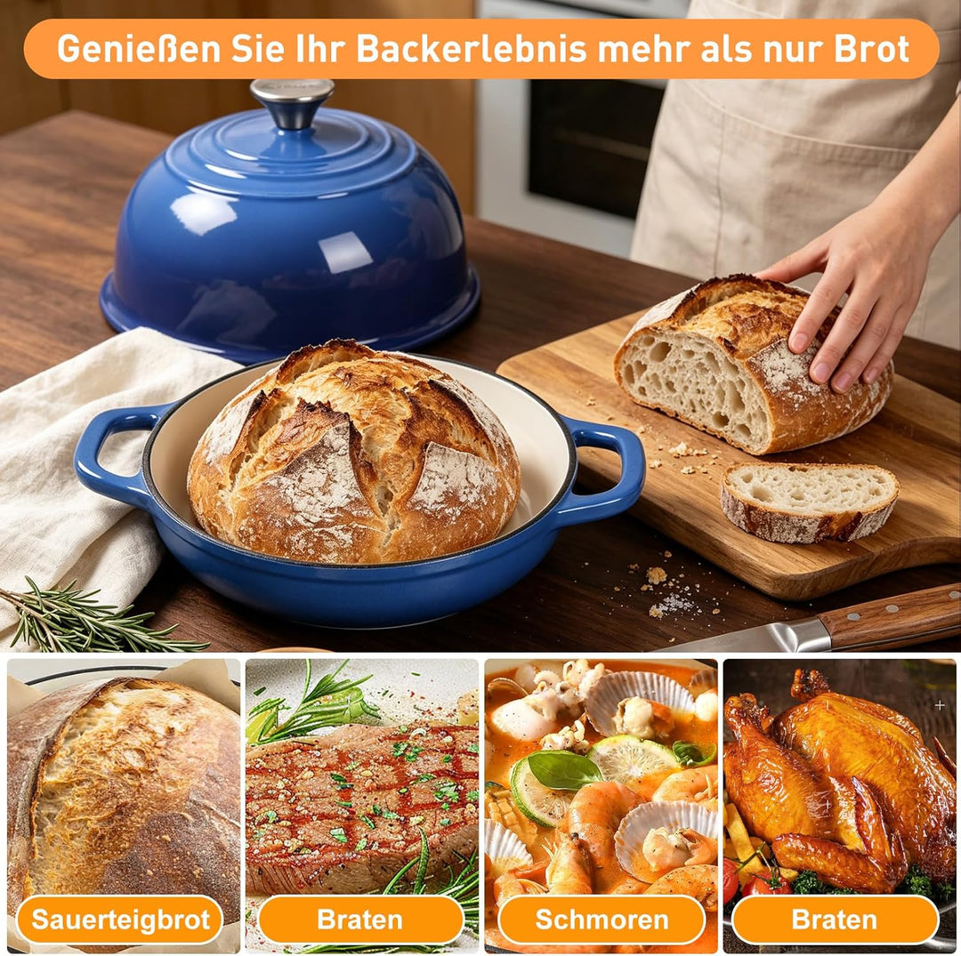 Gusseisen Brotbackform mit Deckel, 4,7L Gusseisen Topf Brot Backen, 23 cm Emaille Bräter mit Deckel,