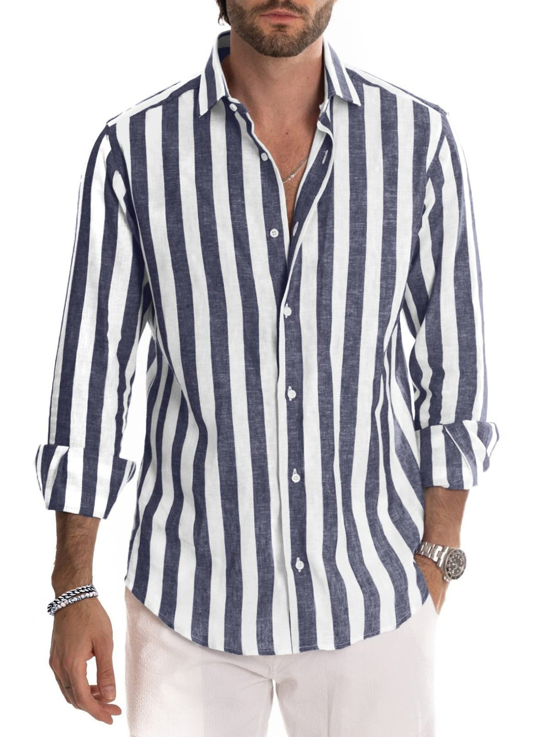 Meilicloth Herren Hemd Langarm Sommer Gestreifte Freizeithemden Casual mit Knöpfen Regular Fit S A N