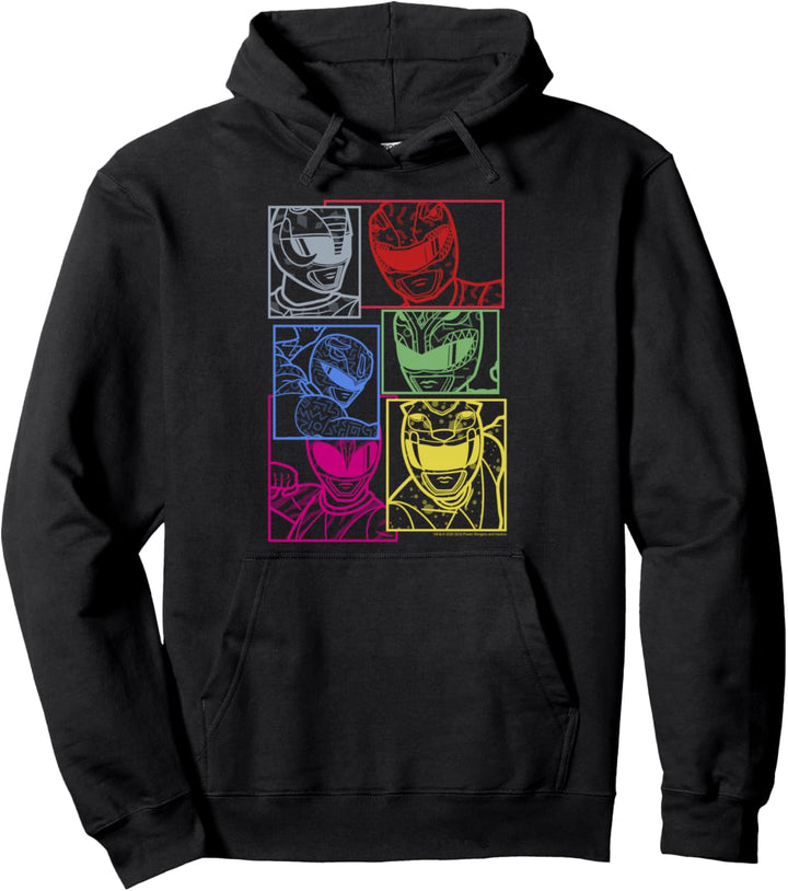 Power Rangers Group Shot Color Silhouette Line Art Panels Pullover Hoodie