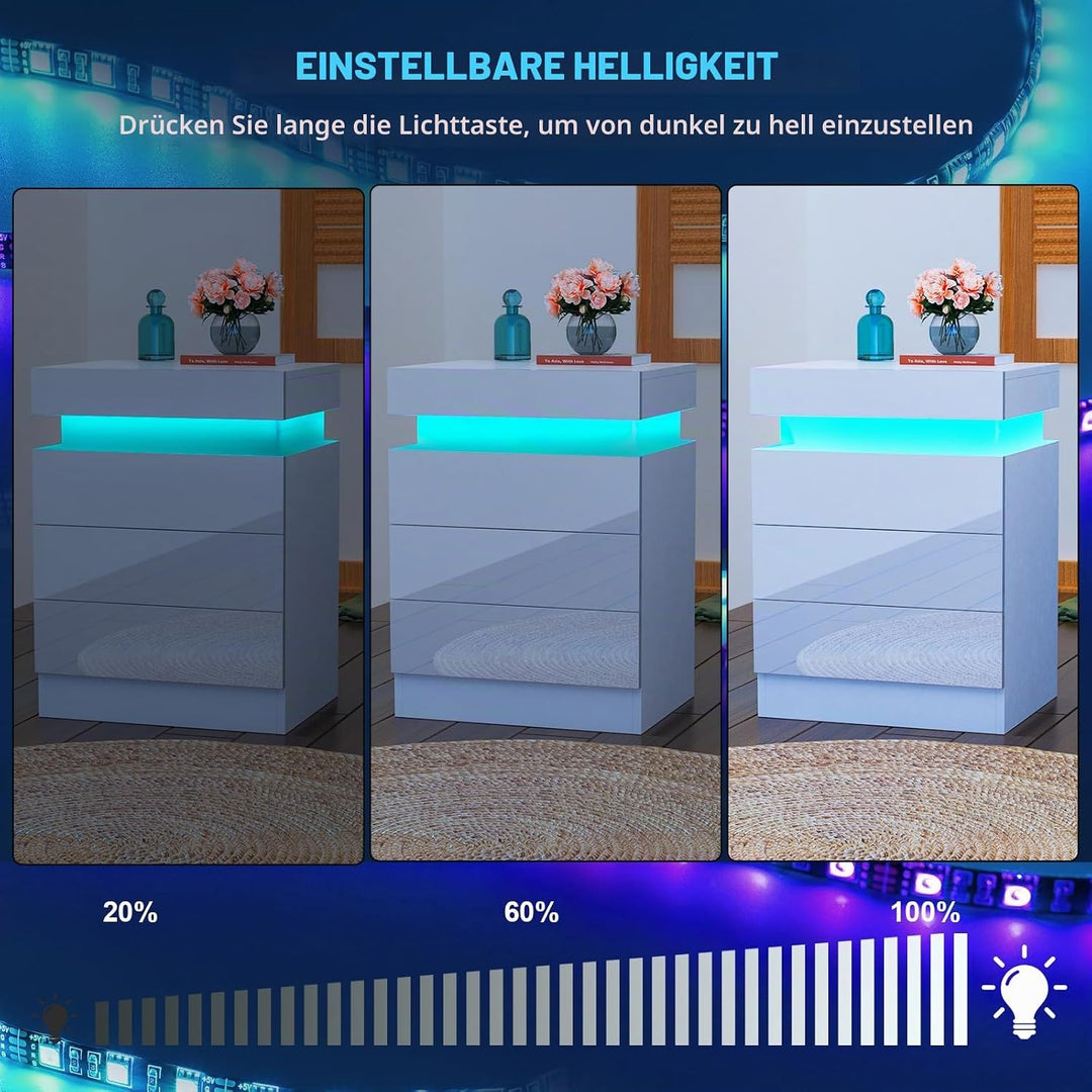 Lvhcmfohm Nachttisch Weiss 2er Set, Nachtschrank mit Led Licht, Nachtkommode mit 3 Schubladen und Sc