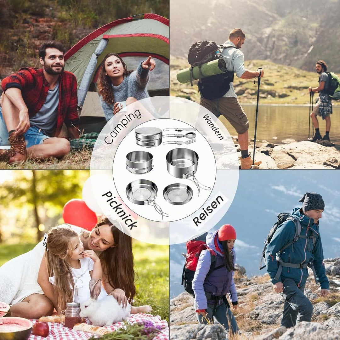 7 St¨¹ck Edelstahl Camping Kochgeschirr Set, Outdoor Kochgeschirr mit Faltbare Besteck, 1-2 Personen