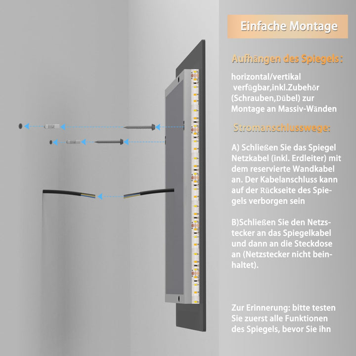 Aica Sanitär Badezimmerspiegel 50×70cm 3 Lichfarbe dimmbar Memory Wand/Touchschalter Beschlagfrei Ba