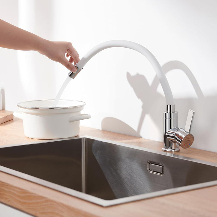Auralum Flexibler Wasserhahn Küche, Küchenarmatur Weiss mit Flexibler Auslauf, Hochdruck Spültischar