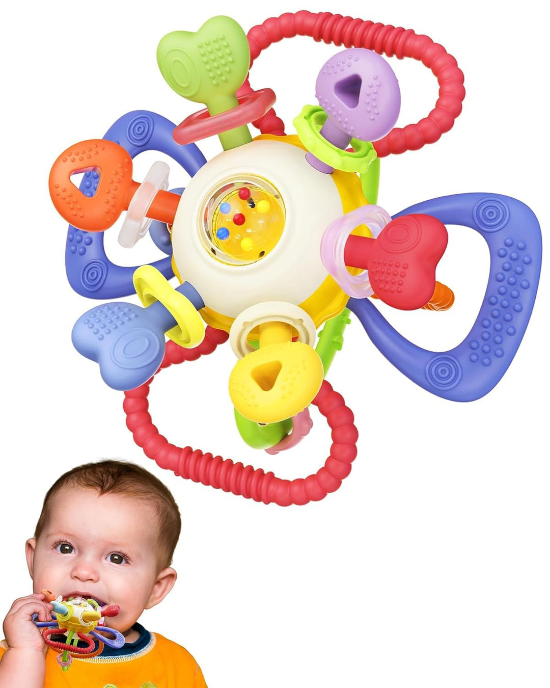 Infinno Baby Greifball & Rassel,BPA-freies Silikon Beissring-Spielzeug für 0-12 Monate, Multifunktio