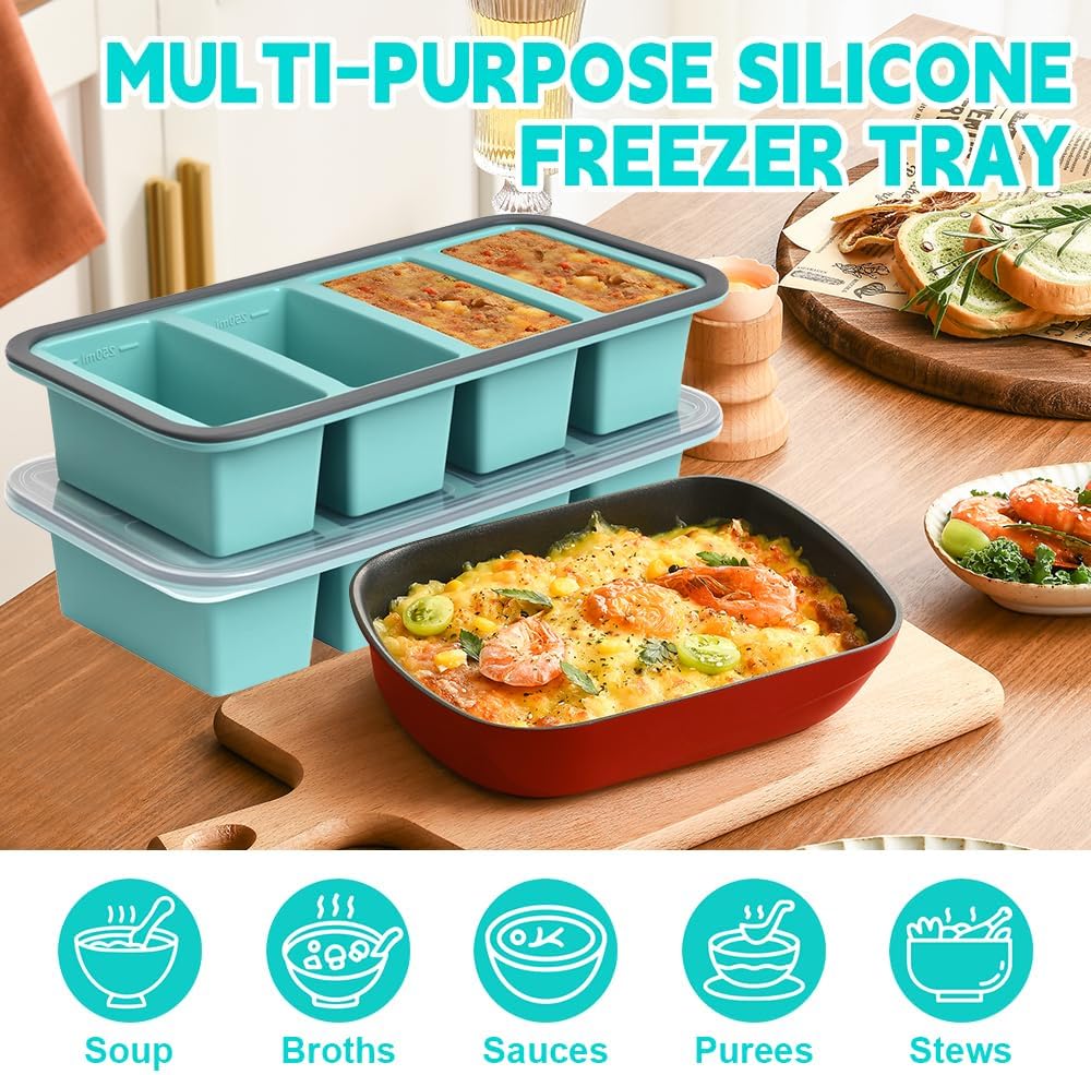2Stück Suppen Einfrieren Behälter, Silikon Gefrierform Suppe mit Deckel 4 Gitter, 250ml Silikon Gefr
