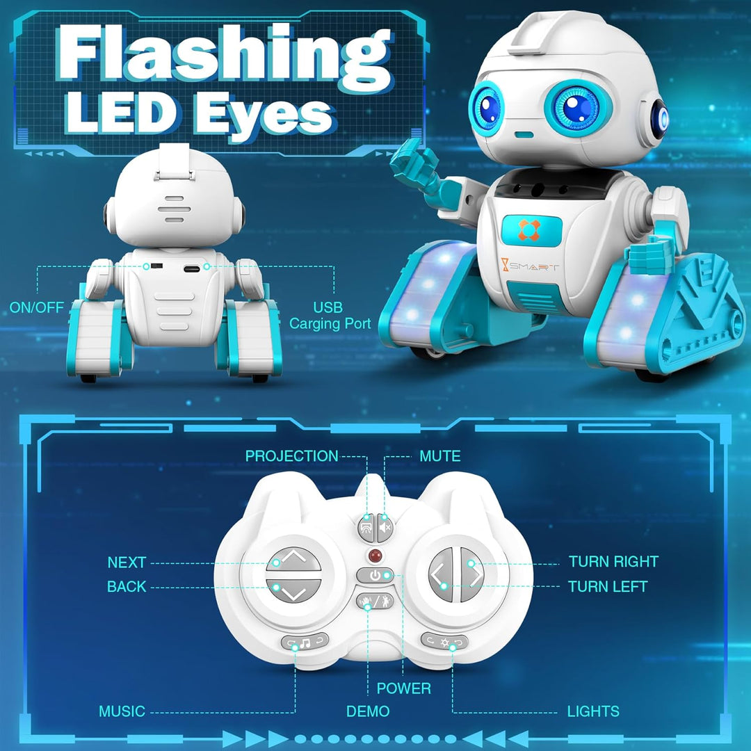 Roboter Kinder Spielzeug - Wiederaufladbar und Projizierbar - RC-Roboter mit LED-Augen und Musik - R